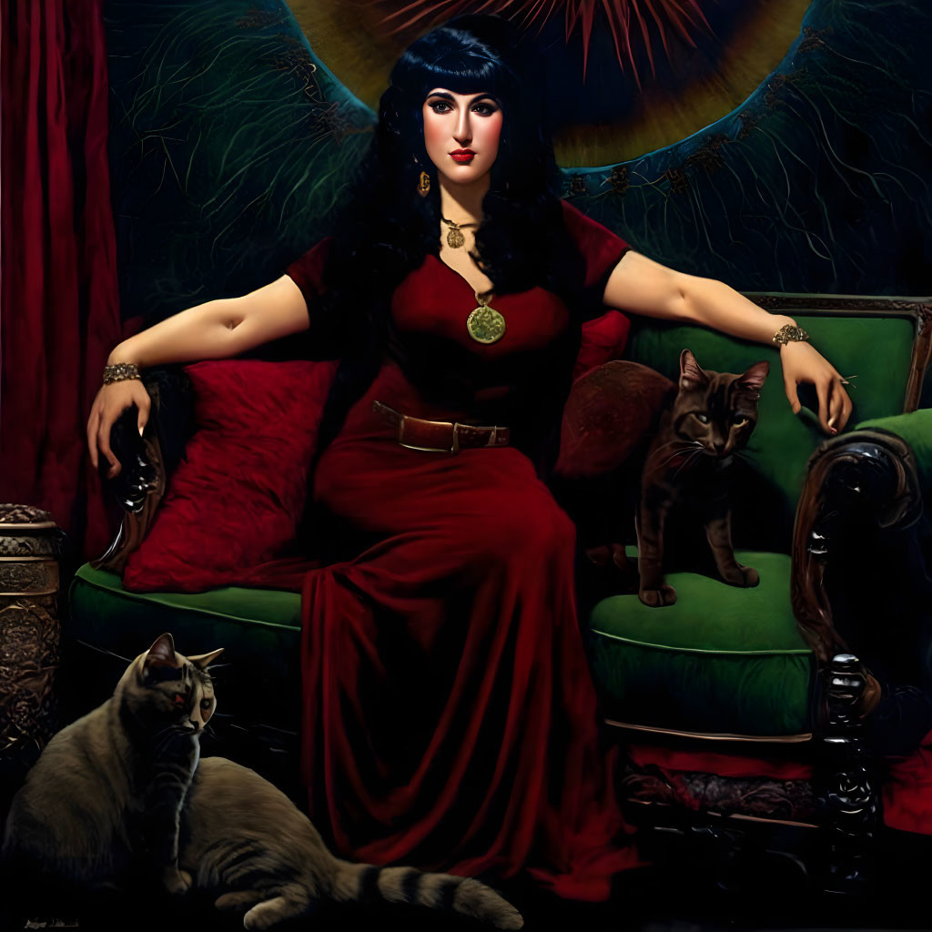 Dark-haired woman in red dress on green sofa with two cats against dark background and halo object.