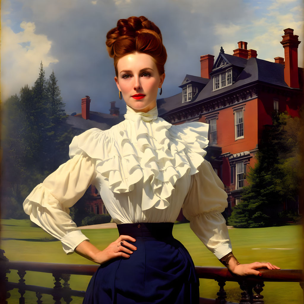 Victorian-style dressed woman in front of grand manor under blue skies.