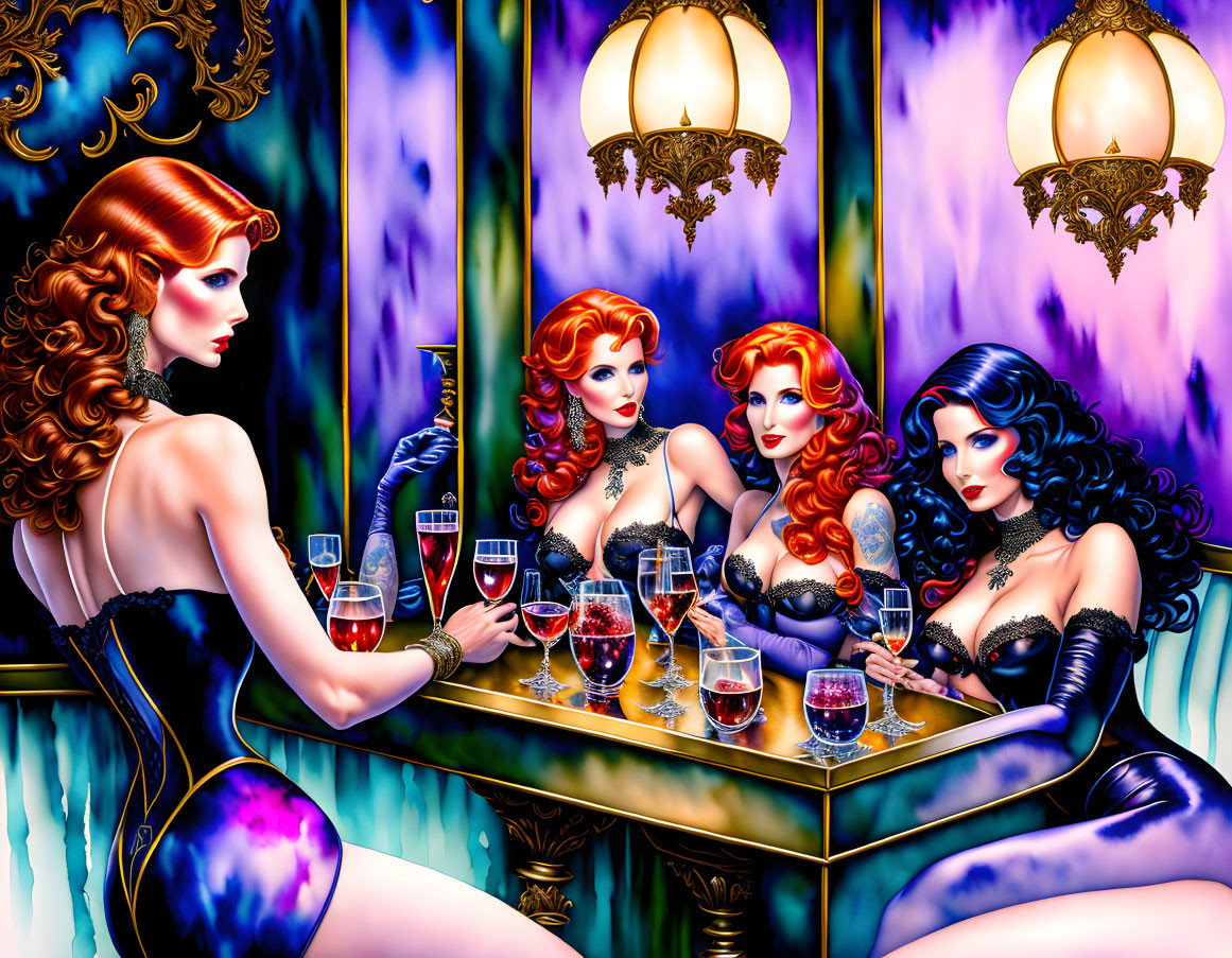 Four stylized women with red and blue hairstyles in elegant attire holding wine glasses around a gold-framed