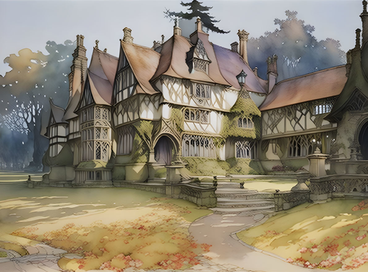 Illustration of Tudor-style house in autumn setting with intricate woodwork.