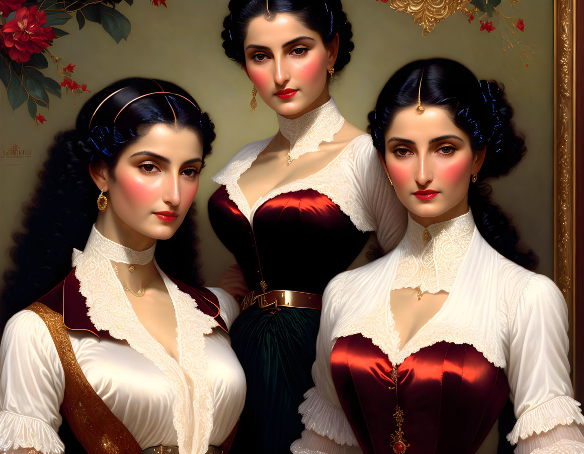 Three women in Victorian-style attire with red and black corsets and elegant hair accessories against a floral backdrop