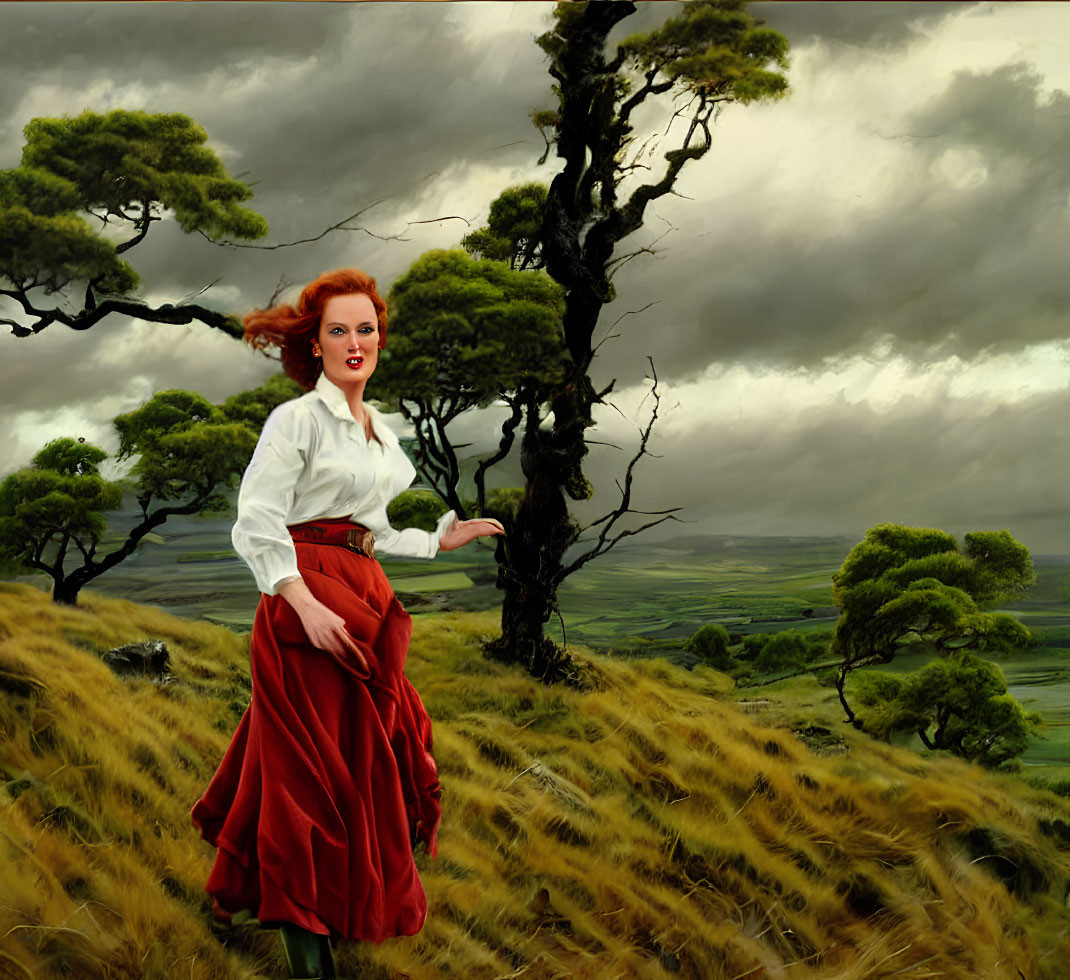 Woman in white blouse and red skirt in windswept field with scattered trees under stormy sky