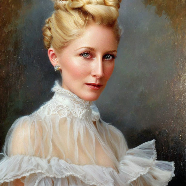 Portrait of Woman with Elegant Updo Hairstyle and Victorian Blouse