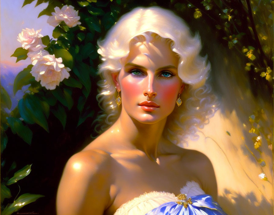 Portrait of Woman with Blonde Hair and Blue Eyes in White Dress by Blooming Roses