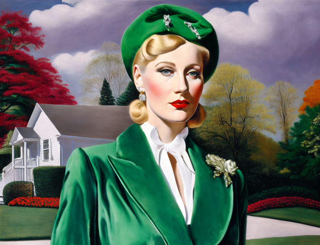 Woman in green hat and blazer by white house with red trees