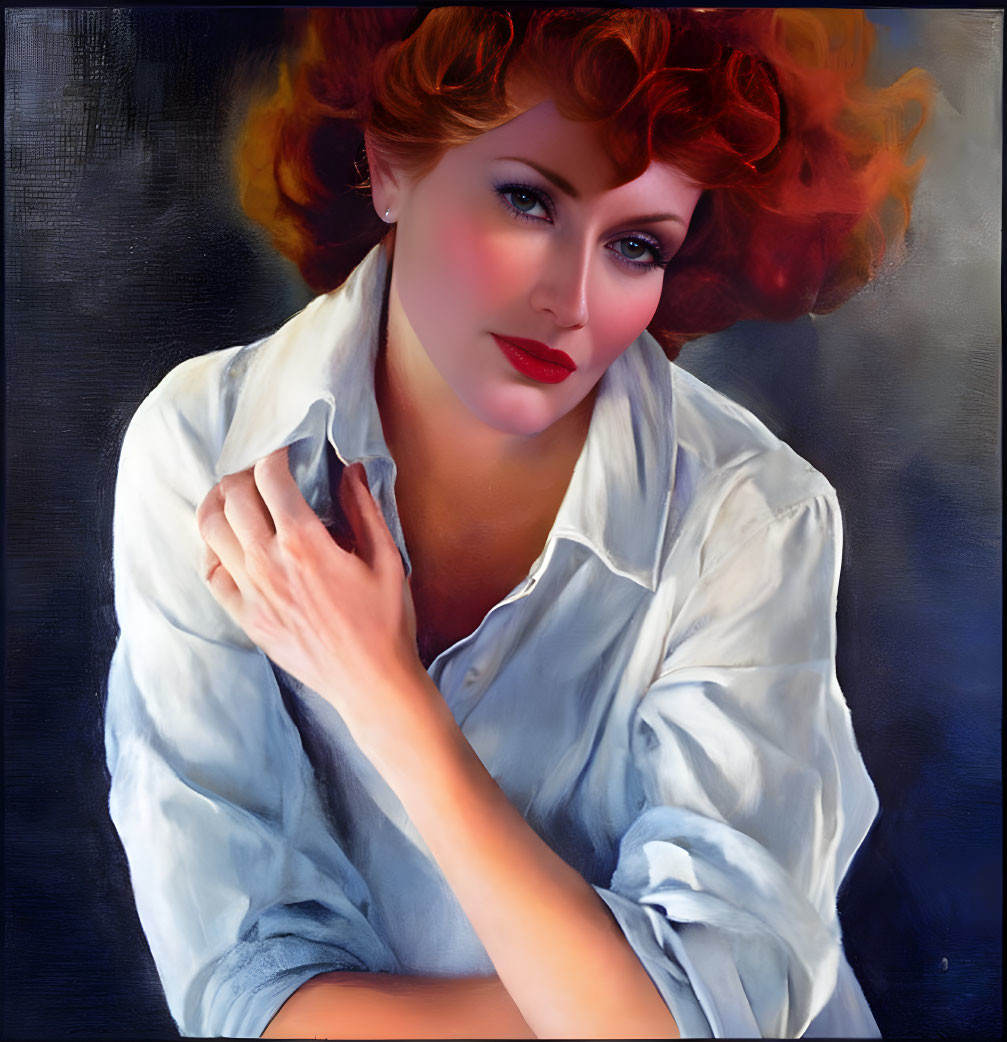 Portrait of Woman with Red Hair and Green Eyes in White Shirt on Dark Background