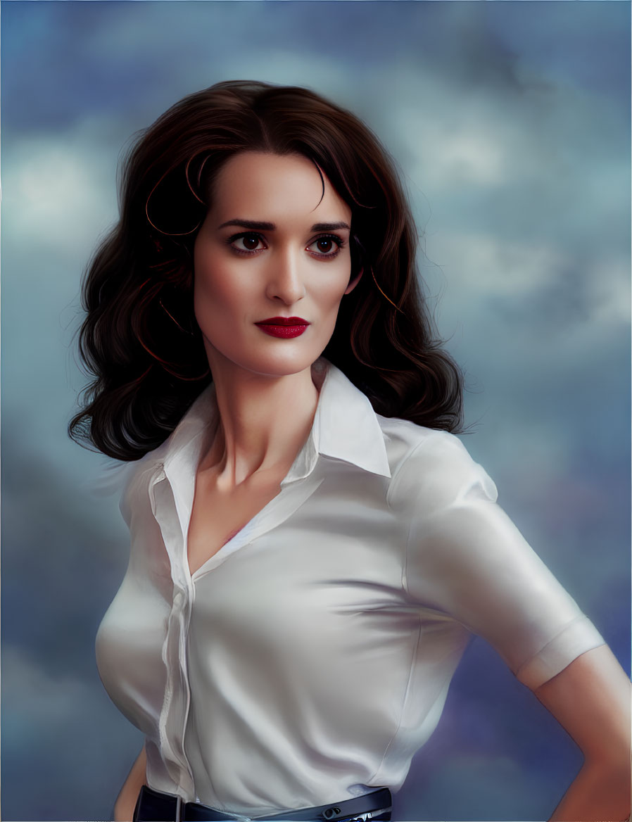 Dark-haired woman in loose waves, white blouse, against cloudy sky.