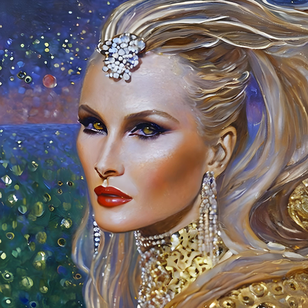 Stylized portrait of woman with golden hair and attire against cosmic blue background