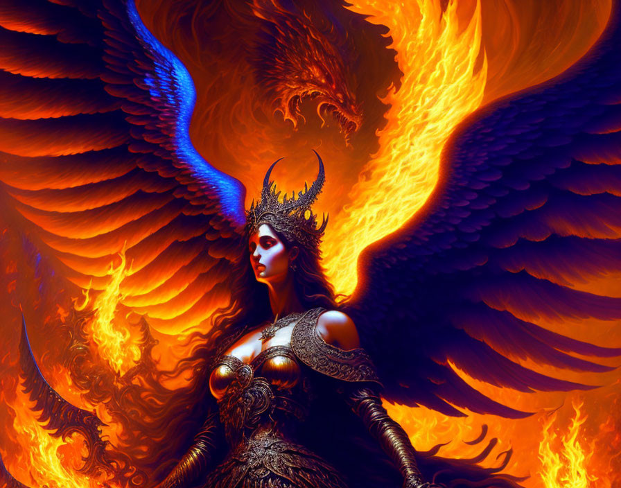 Regal figure with crown and bird-like wings in flames