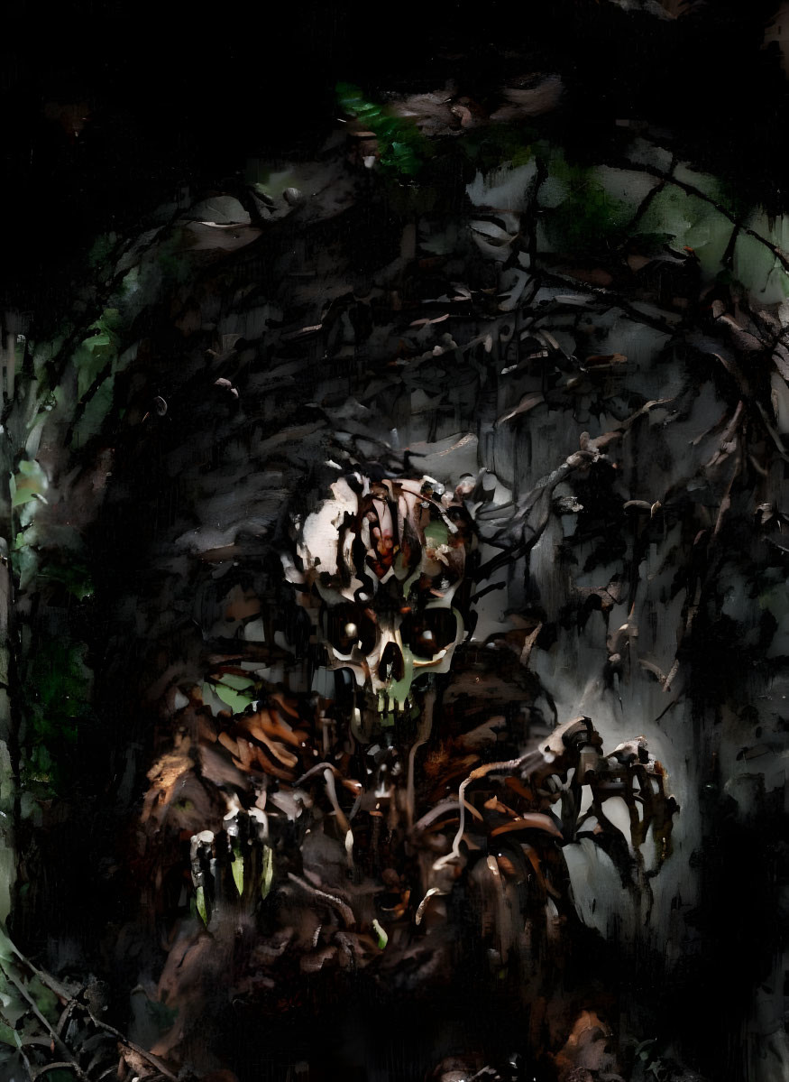 Dark painting of a skull among twisted branches and foliage