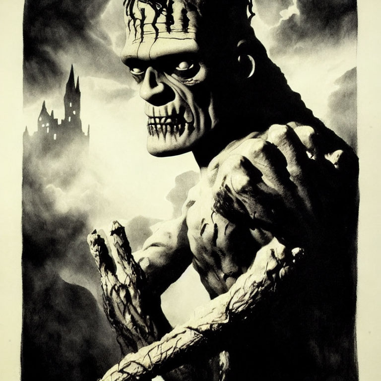 Monochrome illustration of muscular undead creature and castle silhouette.