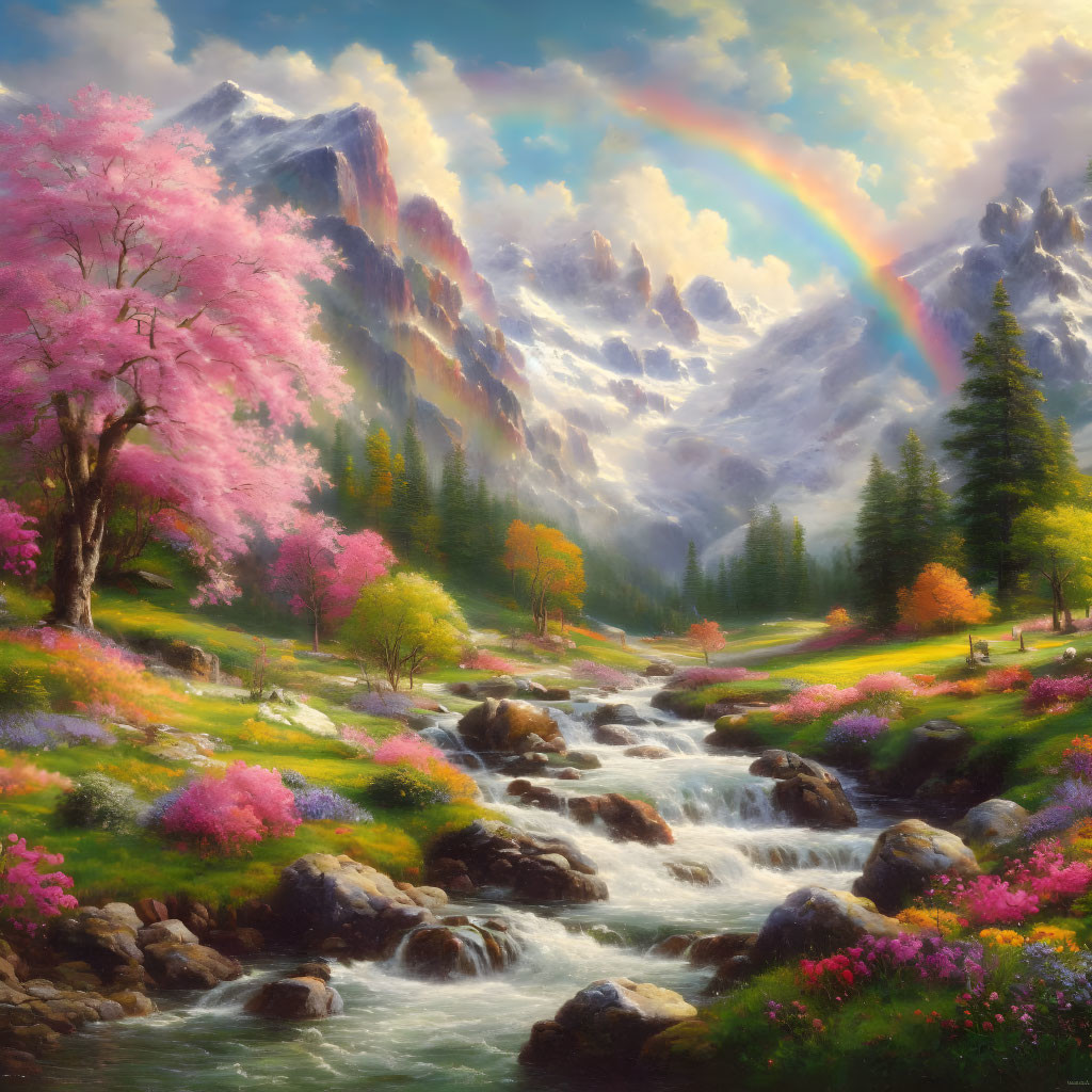 Scenic landscape with cherry blossoms, river, wildflowers, mountains, rainbow