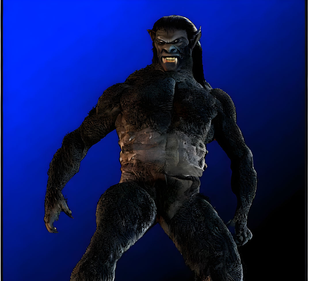 Werewolf with bared teeth and glowing eyes on blue background