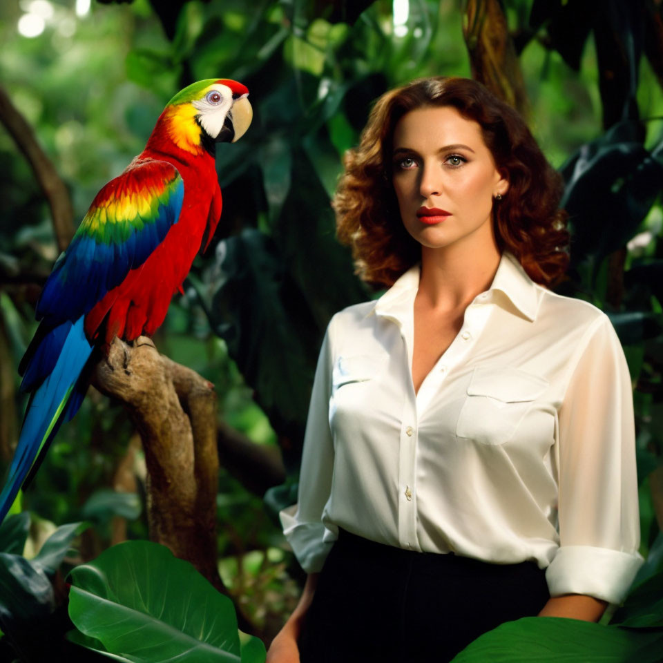 Curly-haired woman in white shirt with scarlet macaw in lush forest.