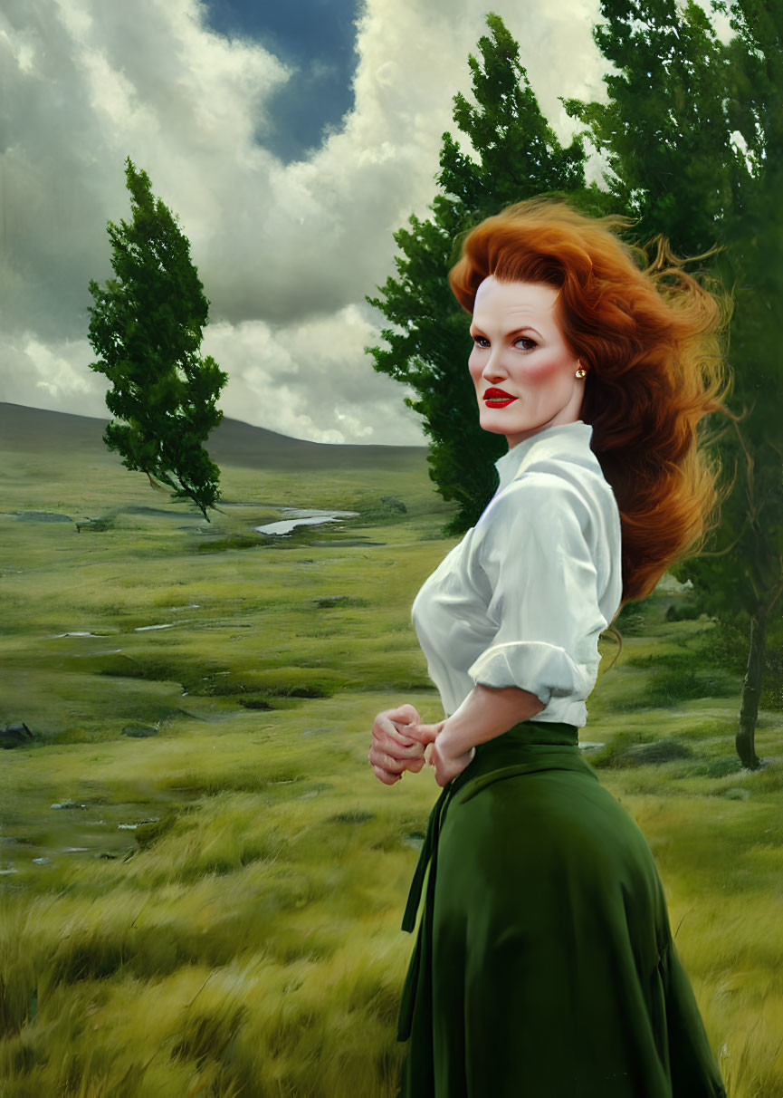 Woman with Red Hair and Lipstick in White Blouse and Green Skirt Standing in Lush Field