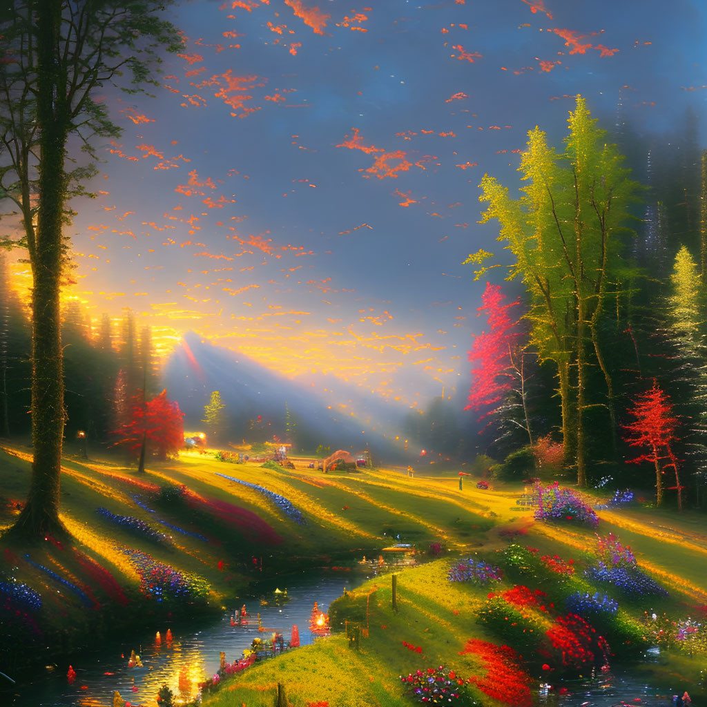 Colorful landscape painting with river, flowers, autumn trees, and village scene