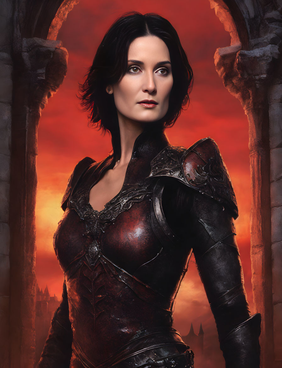 Dark-haired woman in medieval armor against dramatic red sky and castle ruins.