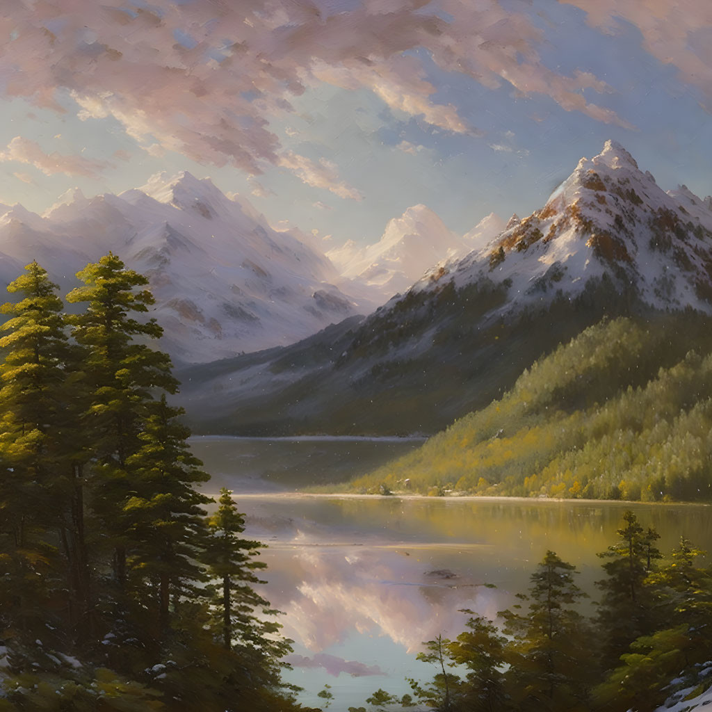 Snowy Mountain Landscape with Lake and Forested Shores