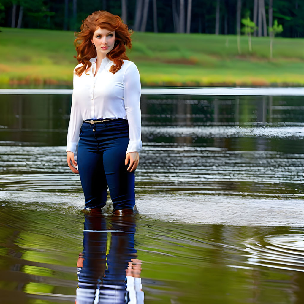 Red-haired person in white shirt and blue pants standing in shallow water with trees and lake.