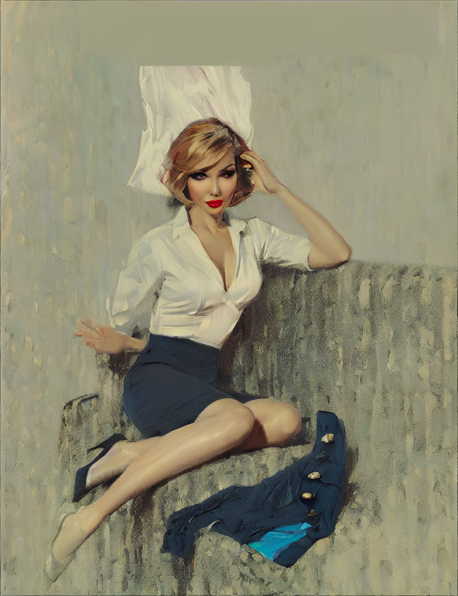 Vintage-style painted portrait of woman in white blouse and black skirt with sailor's hat and red lipstick.