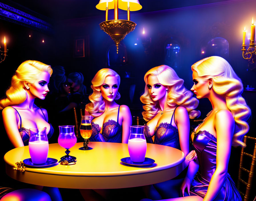 Four platinum blonde female figures in dimly lit bar with purple and yellow lighting.