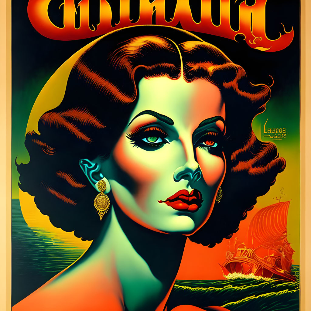 Vintage Chinatown Poster with Stylized Woman and Ship