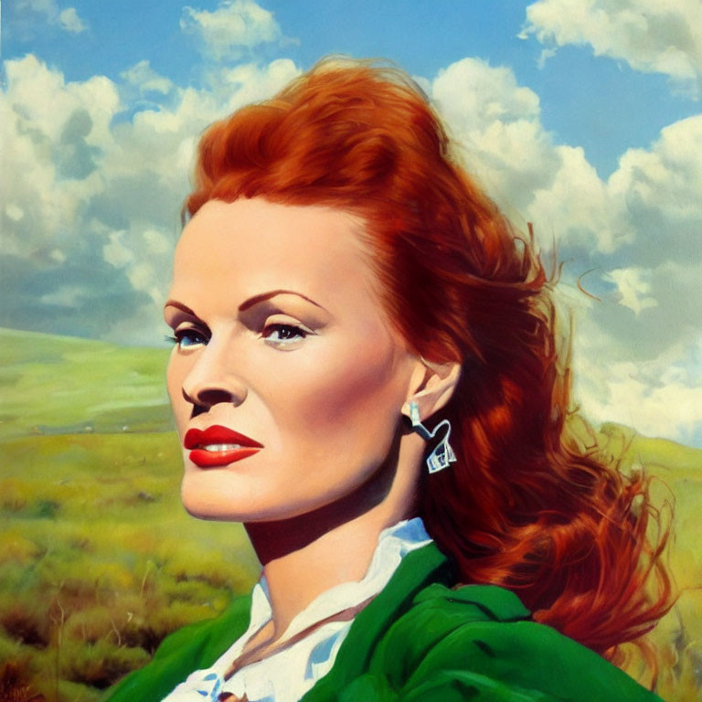 Red-haired woman in white blouse and green vest against blue sky and green fields