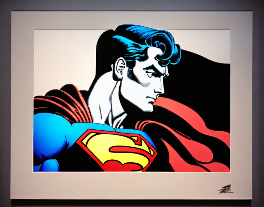 Superman illustration with stern expression and iconic blue suit displayed on wall