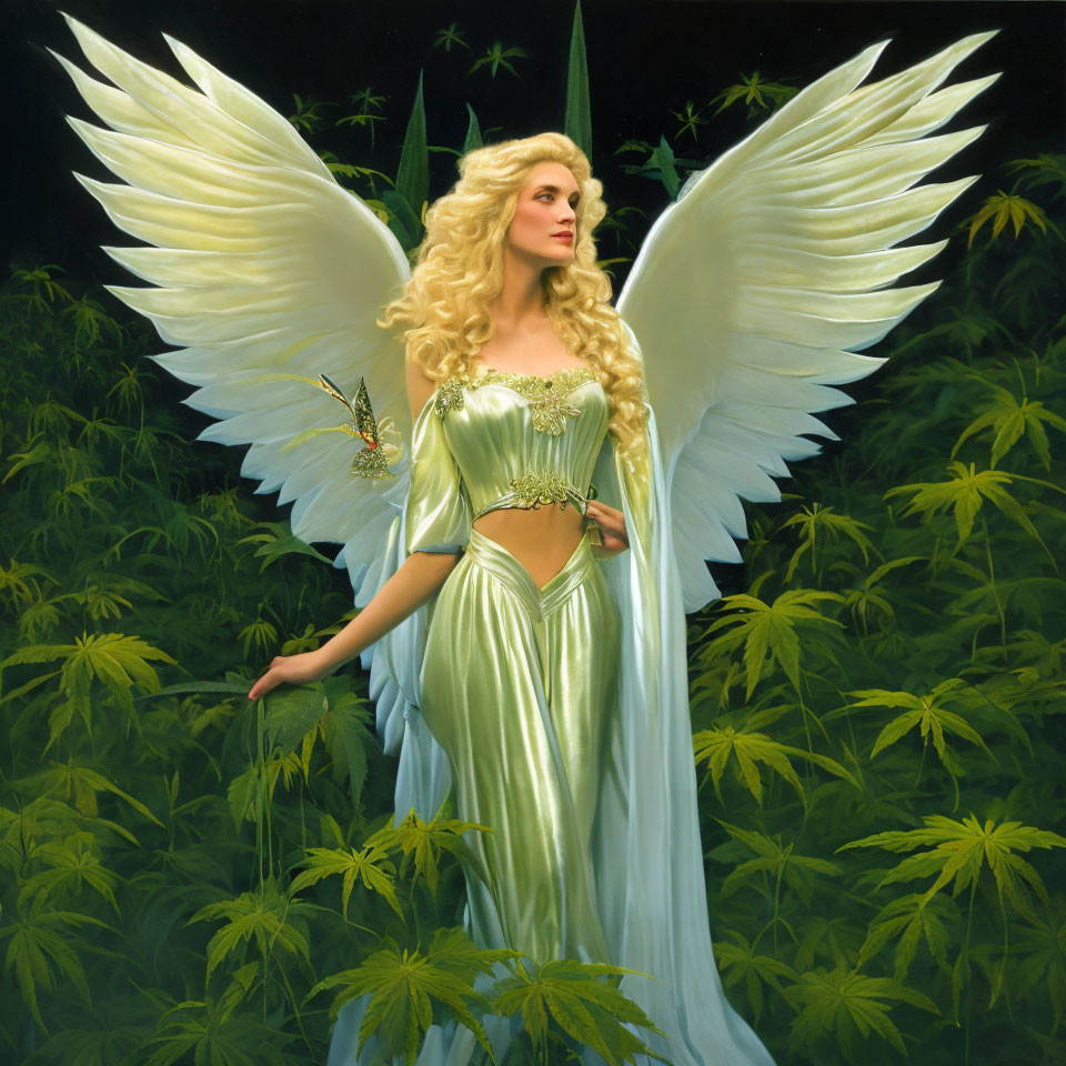 Blonde winged woman in green dress surrounded by cannabis plants and butterfly