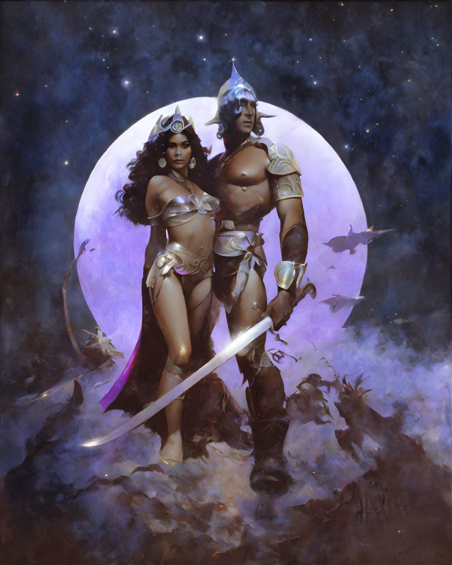 Fantasy warriors in armor against cosmic backdrop with circular element