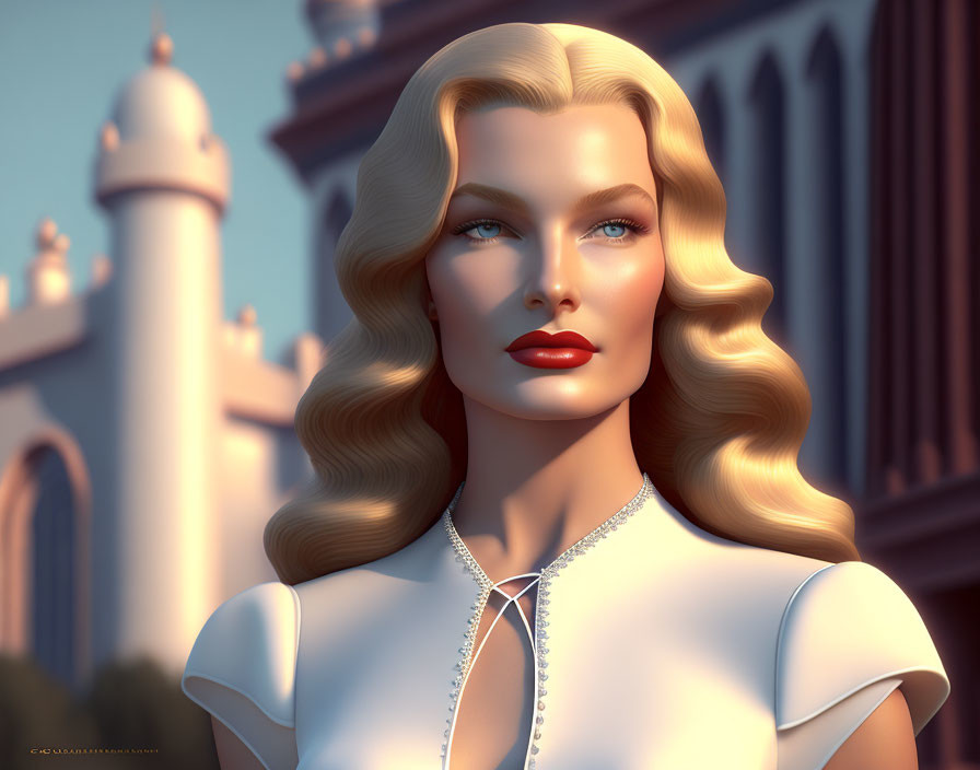 Blonde woman with blue eyes in white attire against palace backdrop