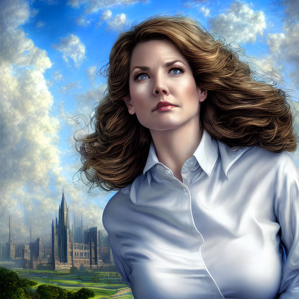 Woman with flowing brown hair in white shirt against city skyline.