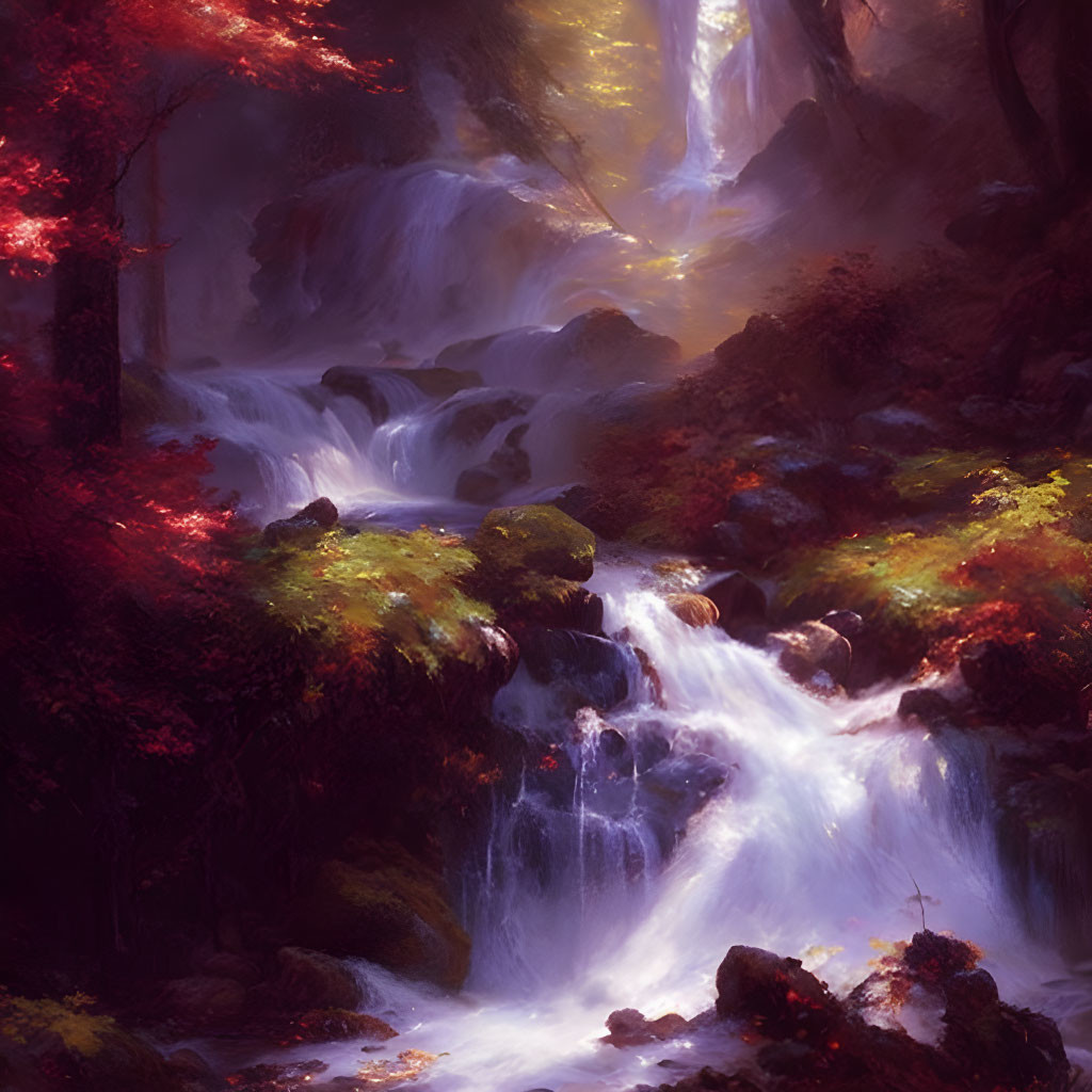 Tranquil Waterfalls in Mystical Autumn Forest