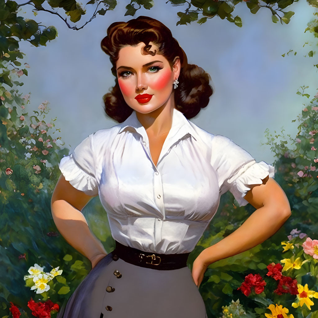 Vintage-style illustration of a confident woman in updo hairstyle and elegant attire against floral backdrop.