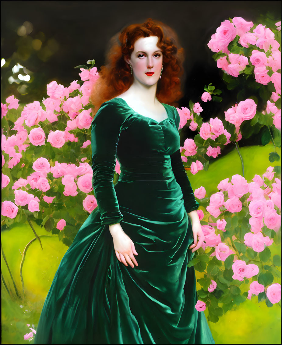 Red-haired woman in green velvet dress among pink roses.