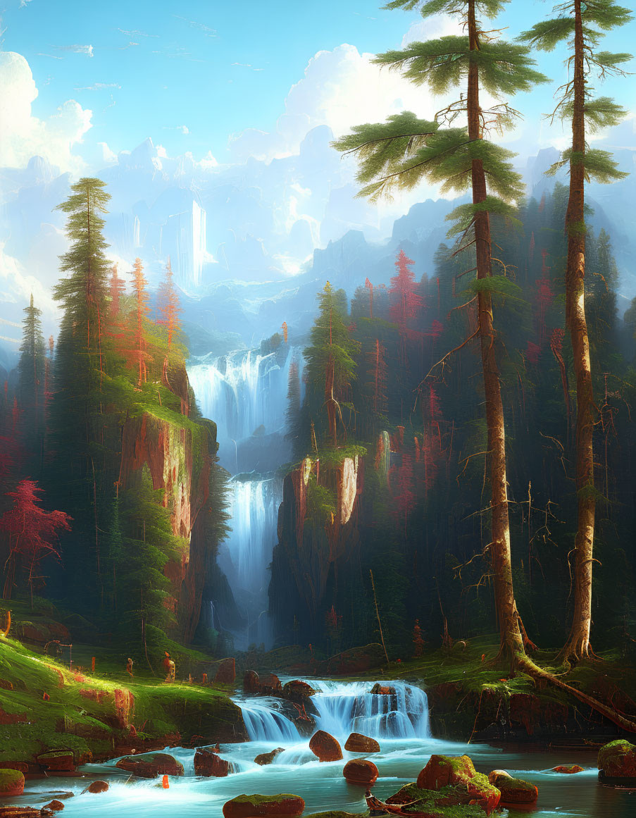 Tranquil landscape with waterfalls, lush greenery, and serene river