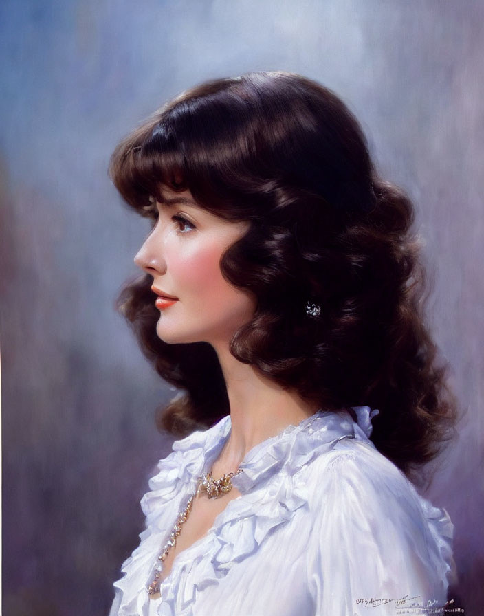 Woman with Wavy Brown Hair in White Blouse Portrait