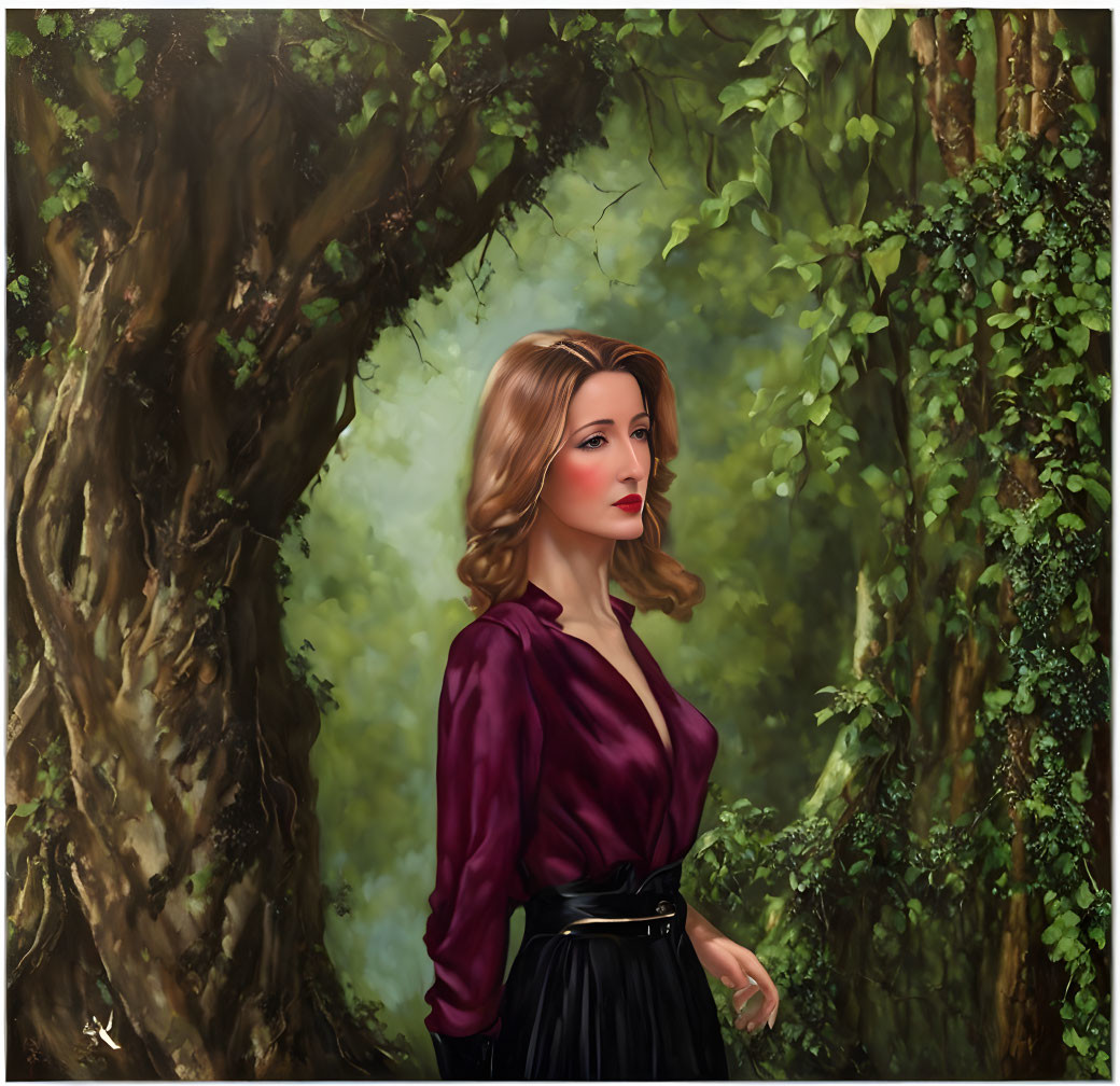 Auburn-Haired Woman in Purple Blouse Amidst Lush Greenery