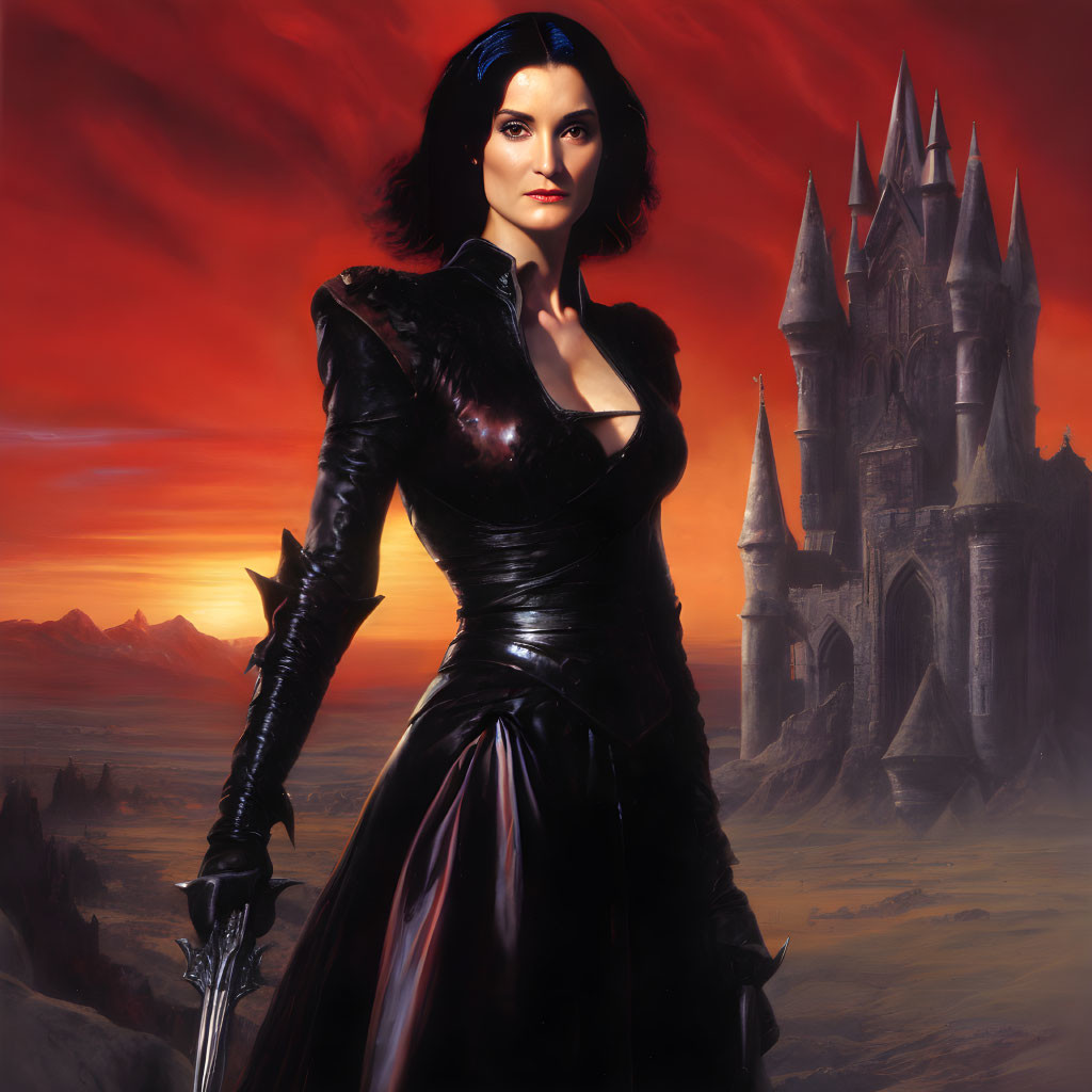 Stoic woman in black armor with castle and red sky