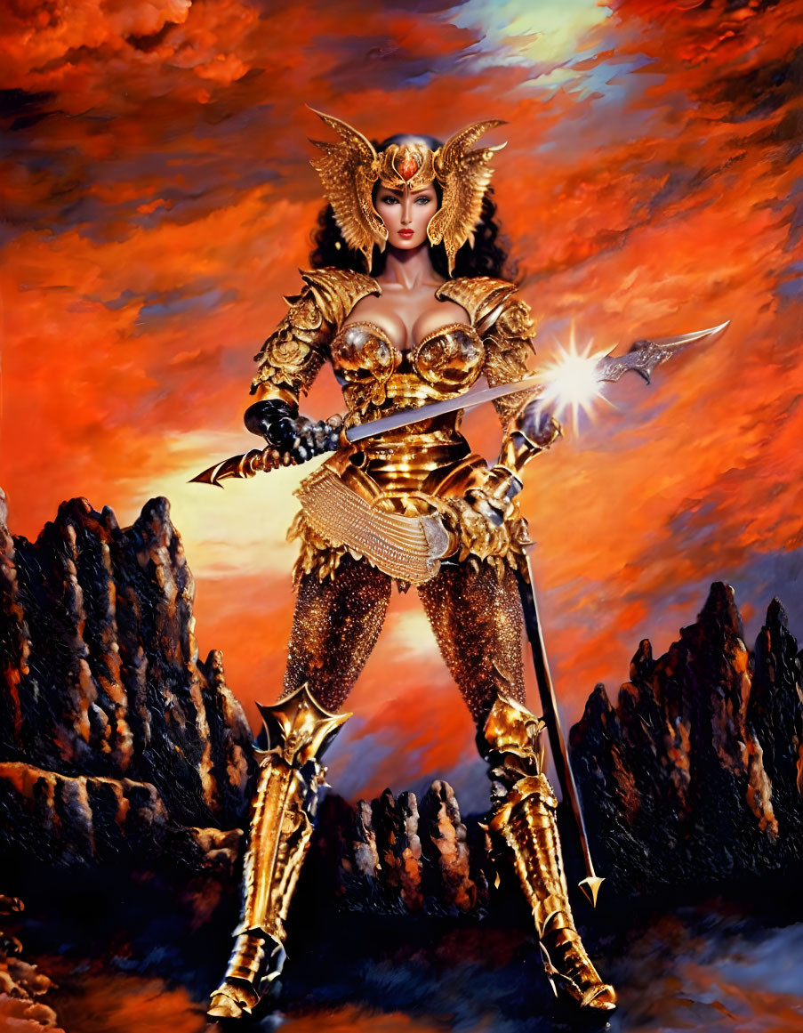 Golden-armored warrior with staff in fiery sky backdrop