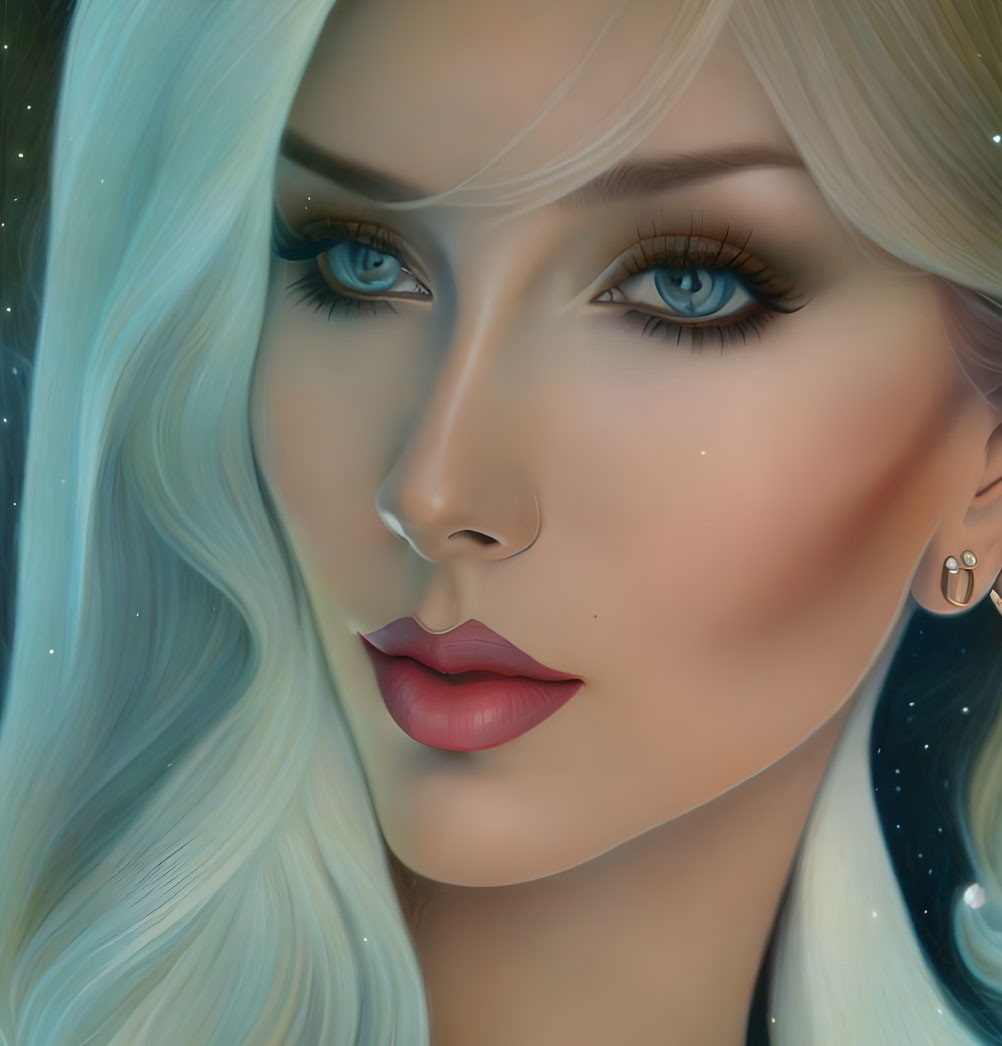 Detailed artwork of woman with icy blue eyes, full lashes, and light blue hair.