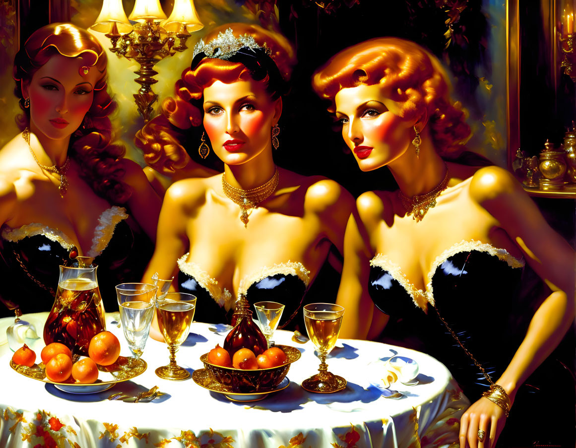 Vintage-inspired photo of three glamorous women with fruit bowl and drinks