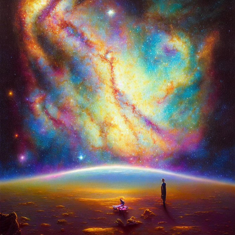 Person gazes at vibrant galaxy on rocky surface