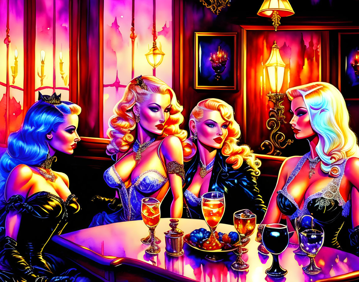 Vintage noir-themed image of glamorous women at a bar with colorful lighting