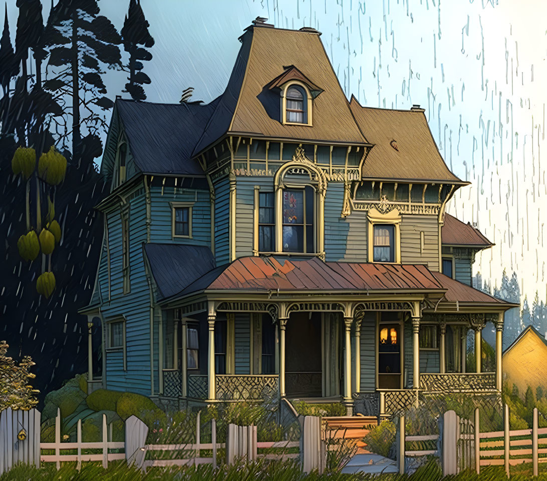 Victorian-style house with blue siding and turreted roof in rainy dusk scene.