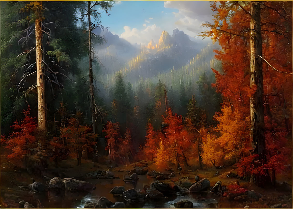 Tranquil autumn forest scene with babbling brook and colorful trees