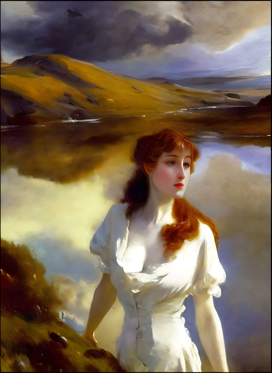 Red-haired woman in white dress gazes over dramatic landscape with reflective clouds.