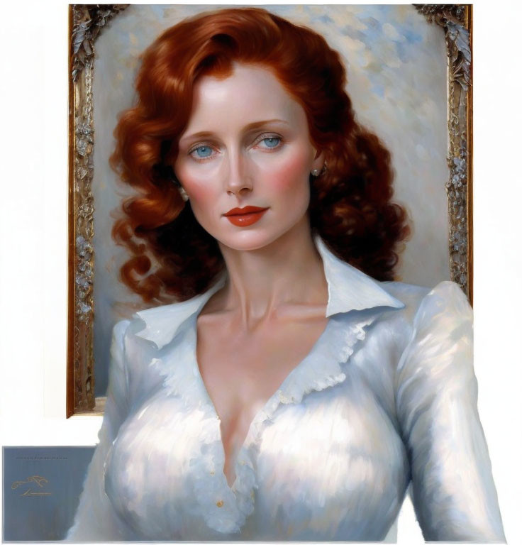 Portrait of Woman with Red Hair and Blue Eyes in White Blouse on Textured Wall