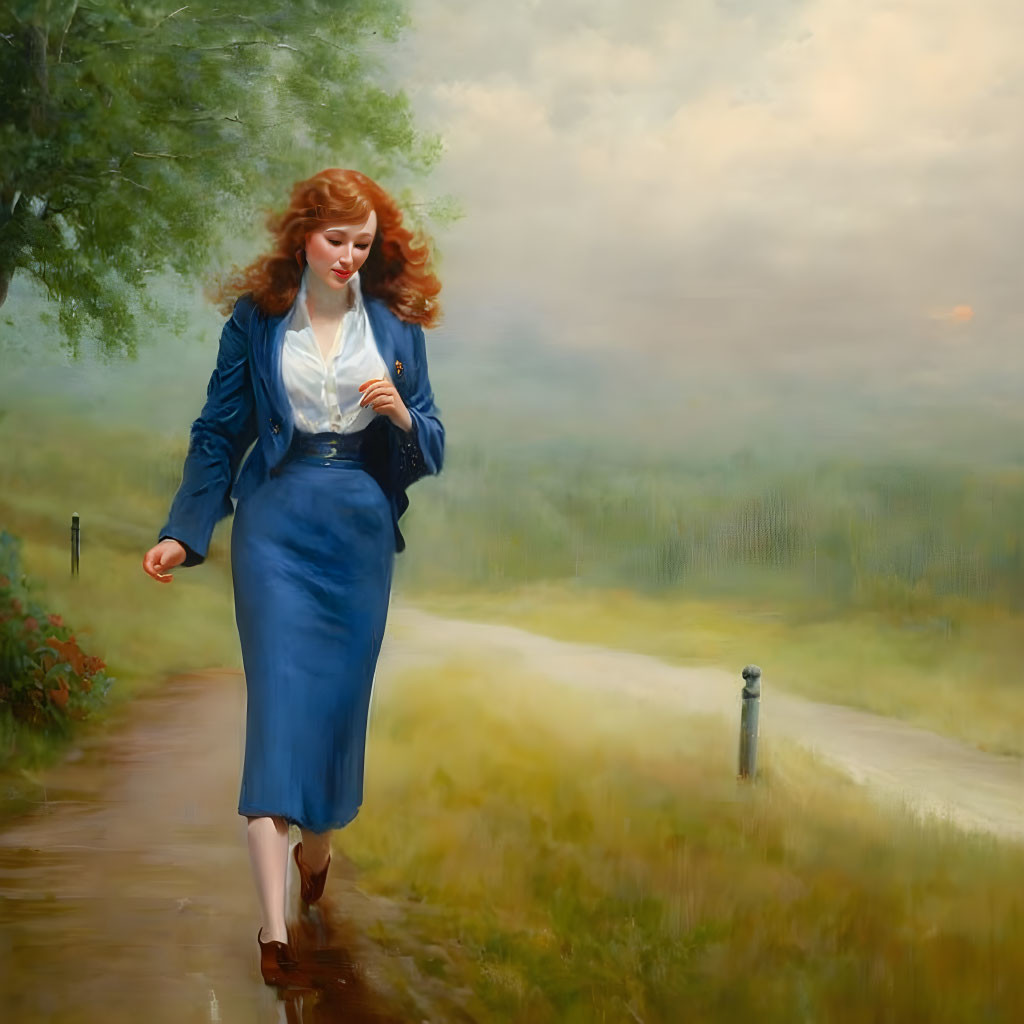 Red-haired woman in blue outfit walking in misty landscape