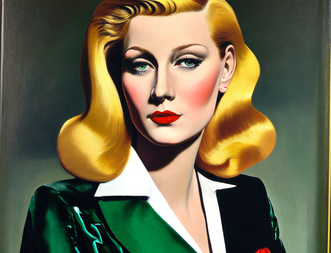 Hyperrealistic Painting of Woman with Blonde Hair and Green Blazer